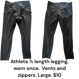 Athleta ⅞ length legging. worn once. Vents and zippers. Large. $10